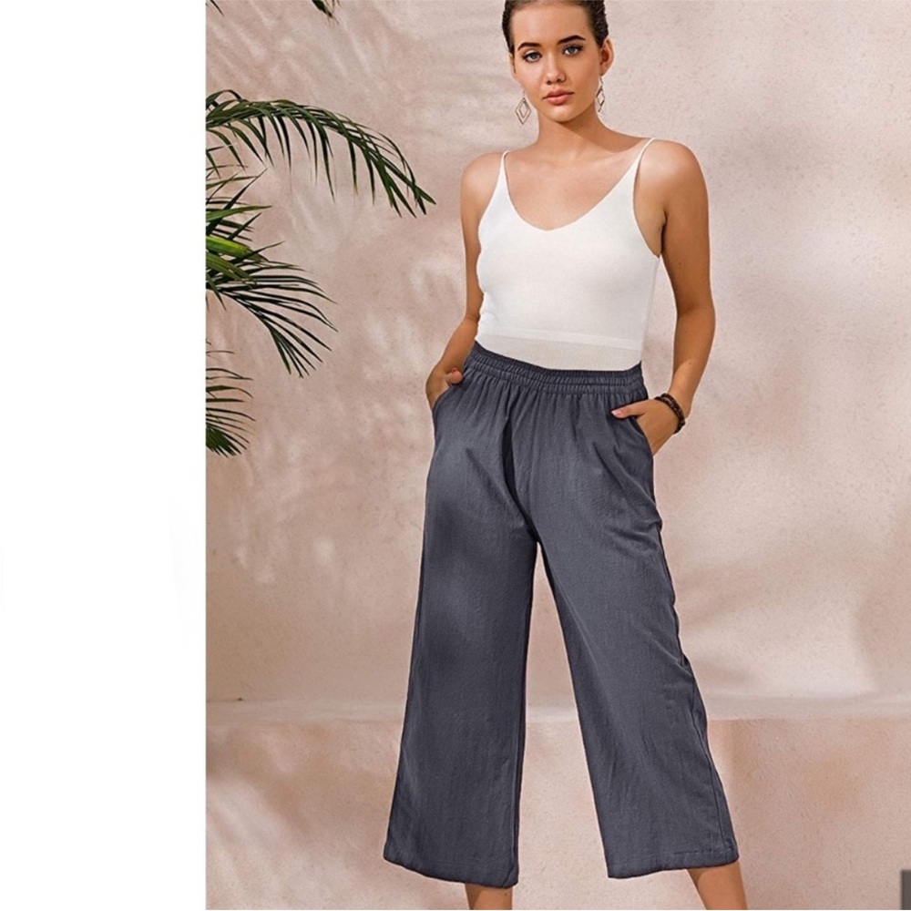 Ecupper Gray Casual Loose Cotton Trouser Cropped Wide Leg Pants XL